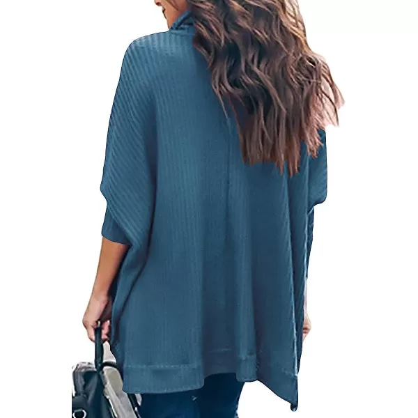 imageANRABESS Womens Sweater Oversized Turtleneck Long Batwing Sleeve Waffle Knit Split Hem Tunic Pullover TopsBlue