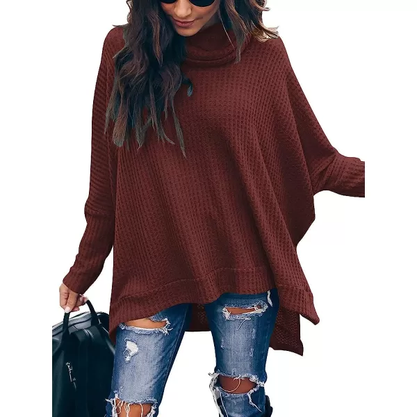 imageANRABESS Womens Sweater Oversized Turtleneck Long Batwing Sleeve Waffle Knit Split Hem Tunic Pullover TopsBrick
