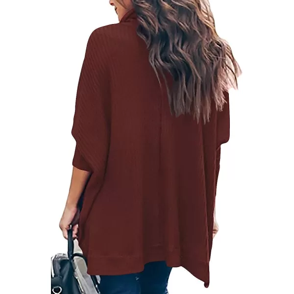 imageANRABESS Womens Sweater Oversized Turtleneck Long Batwing Sleeve Waffle Knit Split Hem Tunic Pullover TopsBrick