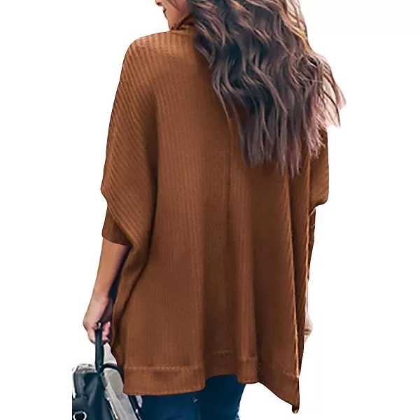imageANRABESS Womens Sweater Oversized Turtleneck Long Batwing Sleeve Waffle Knit Split Hem Tunic Pullover TopsCaramel