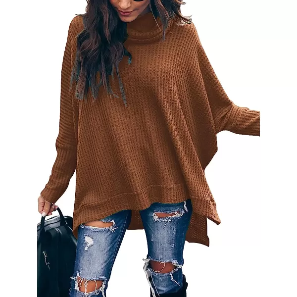 imageANRABESS Womens Sweater Oversized Turtleneck Long Batwing Sleeve Waffle Knit Split Hem Tunic Pullover TopsCaramel