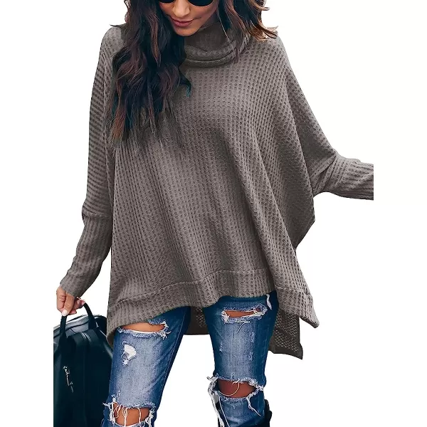 imageANRABESS Womens Sweater Oversized Turtleneck Long Batwing Sleeve Waffle Knit Split Hem Tunic Pullover TopsCoffee Grey