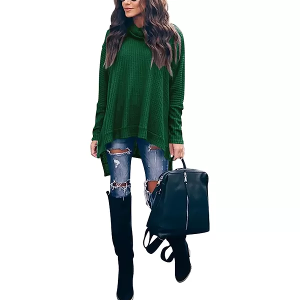 imageANRABESS Womens Sweater Oversized Turtleneck Long Batwing Sleeve Waffle Knit Split Hem Tunic Pullover TopsForest