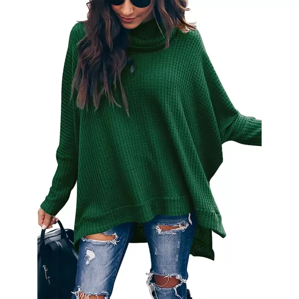 imageANRABESS Womens Sweater Oversized Turtleneck Long Batwing Sleeve Waffle Knit Split Hem Tunic Pullover TopsForest