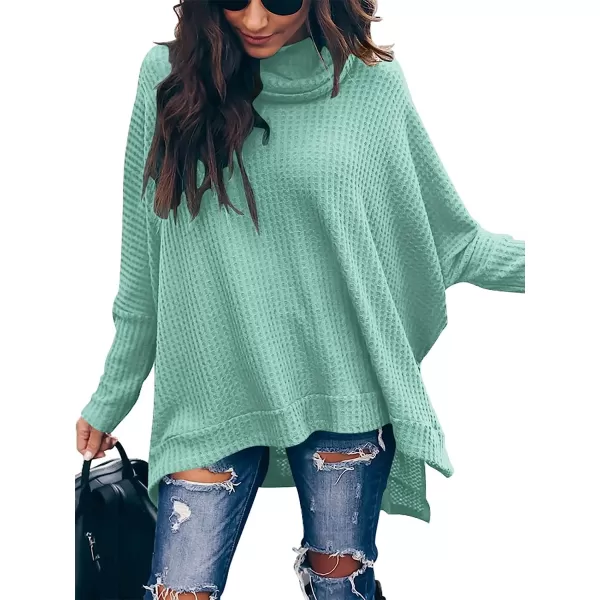 imageANRABESS Womens Sweater Oversized Turtleneck Long Batwing Sleeve Waffle Knit Split Hem Tunic Pullover TopsLight Blue