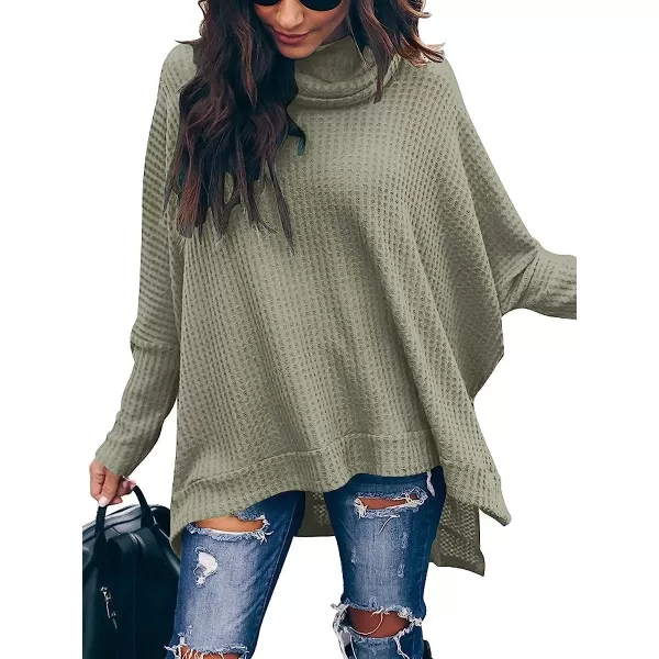 imageANRABESS Womens Sweater Oversized Turtleneck Long Batwing Sleeve Waffle Knit Split Hem Tunic Pullover TopsLight Green