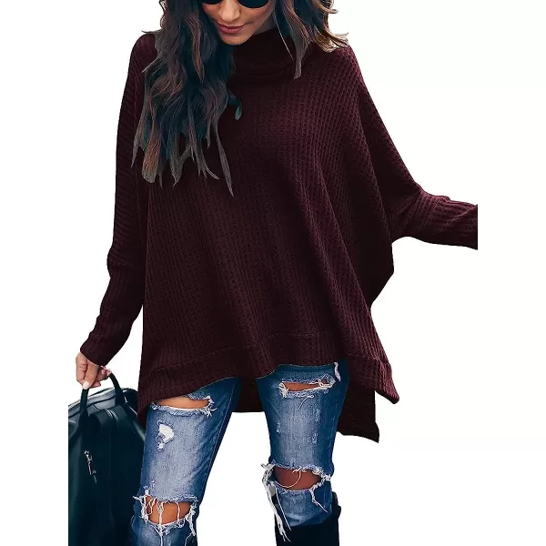 imageANRABESS Womens Sweater Oversized Turtleneck Long Batwing Sleeve Waffle Knit Split Hem Tunic Pullover TopsMaroon