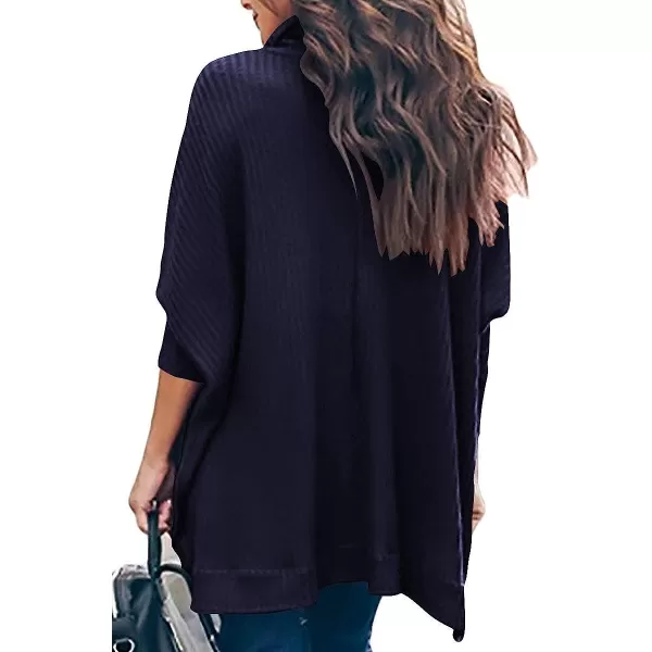 imageANRABESS Womens Sweater Oversized Turtleneck Long Batwing Sleeve Waffle Knit Split Hem Tunic Pullover TopsNavyblue