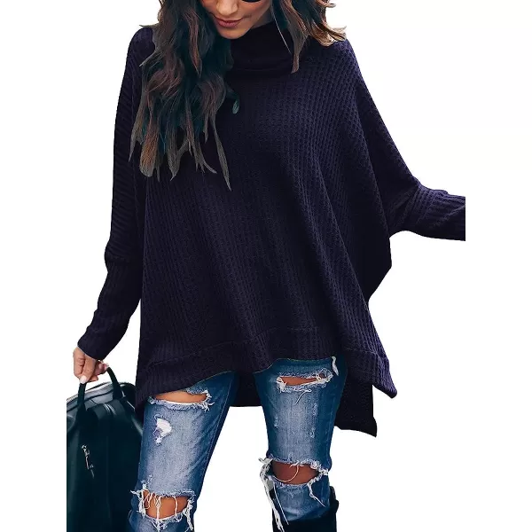 imageANRABESS Womens Sweater Oversized Turtleneck Long Batwing Sleeve Waffle Knit Split Hem Tunic Pullover TopsNavyblue