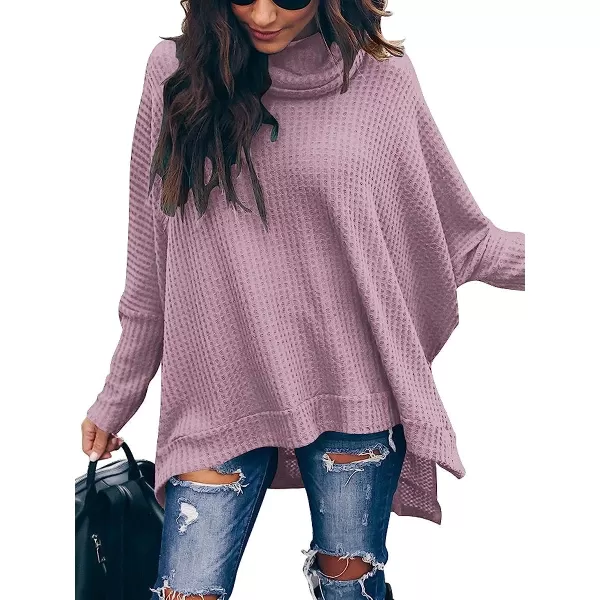 imageANRABESS Womens Sweater Oversized Turtleneck Long Batwing Sleeve Waffle Knit Split Hem Tunic Pullover TopsPink