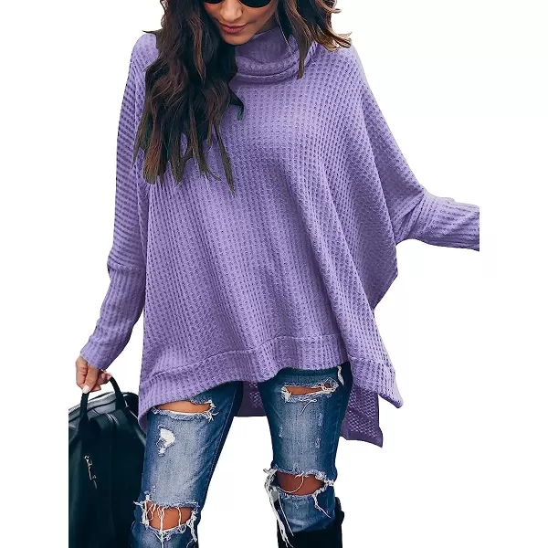imageANRABESS Womens Sweater Oversized Turtleneck Long Batwing Sleeve Waffle Knit Split Hem Tunic Pullover TopsPurple