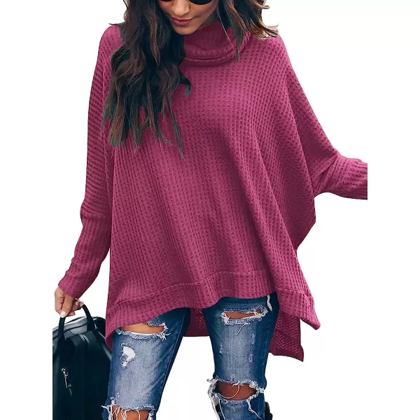 imageANRABESS Womens Sweater Oversized Turtleneck Long Batwing Sleeve Waffle Knit Split Hem Tunic Pullover TopsRoseo