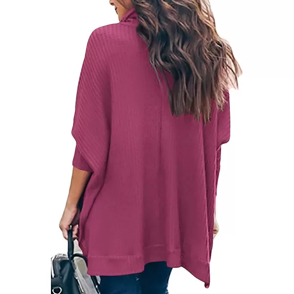 imageANRABESS Womens Sweater Oversized Turtleneck Long Batwing Sleeve Waffle Knit Split Hem Tunic Pullover TopsRoseo