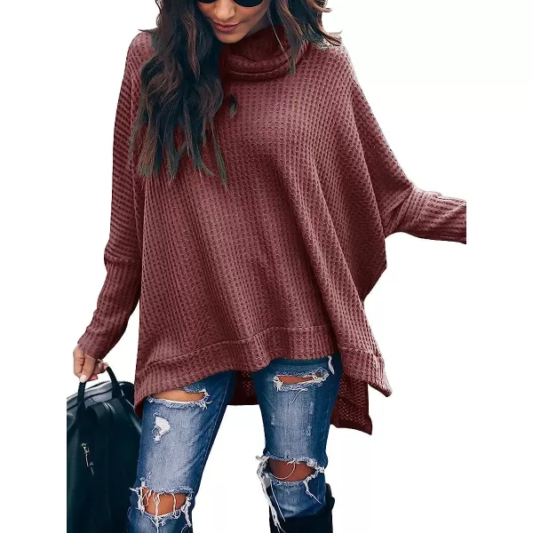 imageANRABESS Womens Sweater Oversized Turtleneck Long Batwing Sleeve Waffle Knit Split Hem Tunic Pullover TopsRust