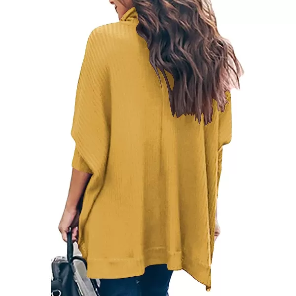 imageANRABESS Womens Sweater Oversized Turtleneck Long Batwing Sleeve Waffle Knit Split Hem Tunic Pullover TopsYellow