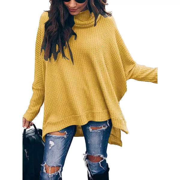 imageANRABESS Womens Sweater Oversized Turtleneck Long Batwing Sleeve Waffle Knit Split Hem Tunic Pullover TopsYellow