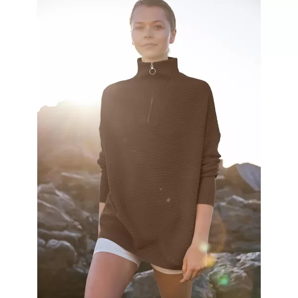 imageANRABESS Womens Sweaters Quarter Zip Oversized Pullover Casual V Neck Collared Ribbed Knit Tunic 2023 Fashion TopsAlmond