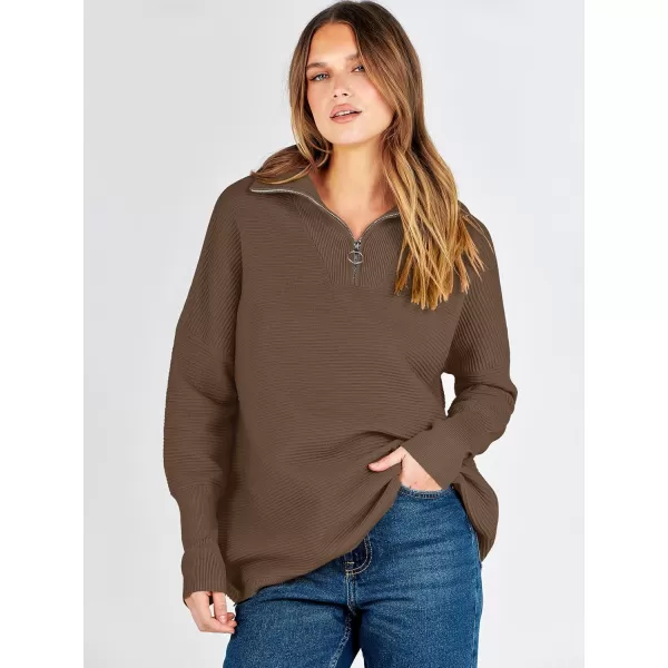 imageANRABESS Womens Sweaters Quarter Zip Oversized Pullover Casual V Neck Collared Ribbed Knit Tunic 2023 Fashion TopsAlmond