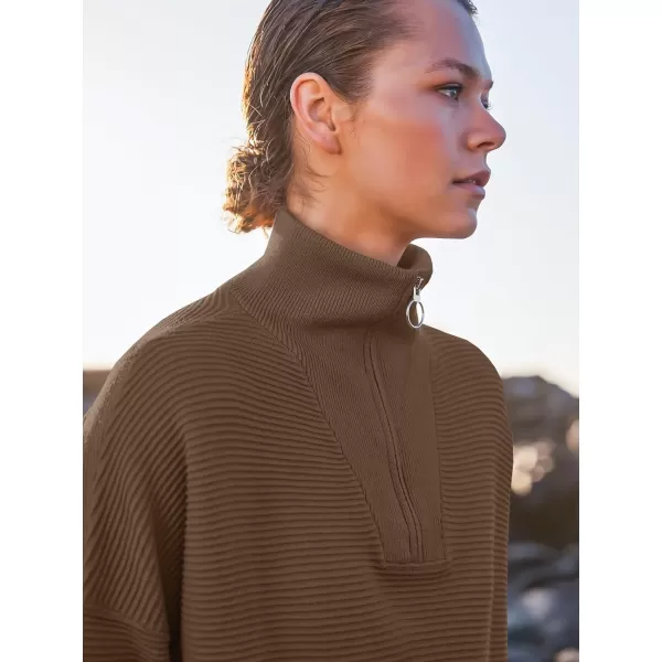 imageANRABESS Womens Sweaters Quarter Zip Oversized Pullover Casual V Neck Collared Ribbed Knit Tunic 2023 Fashion TopsAlmond