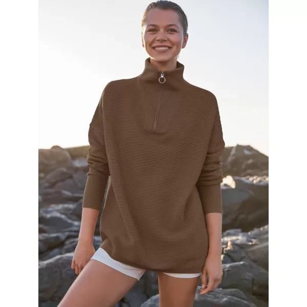 imageANRABESS Womens Sweaters Quarter Zip Oversized Pullover Casual V Neck Collared Ribbed Knit Tunic 2023 Fashion TopsAlmond