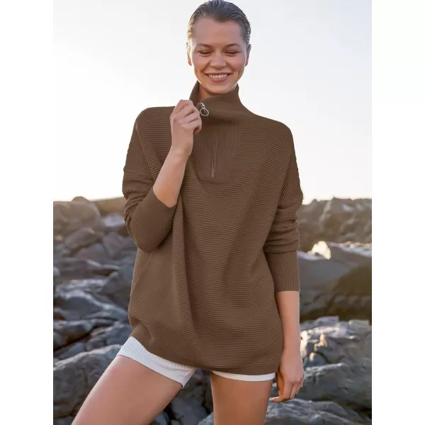 imageANRABESS Womens Sweaters Quarter Zip Oversized Pullover Casual V Neck Collared Ribbed Knit Tunic 2023 Fashion TopsAlmond