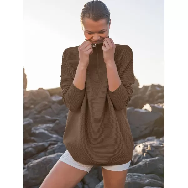 imageANRABESS Womens Sweaters Quarter Zip Oversized Pullover Casual V Neck Collared Ribbed Knit Tunic 2023 Fashion TopsAlmond