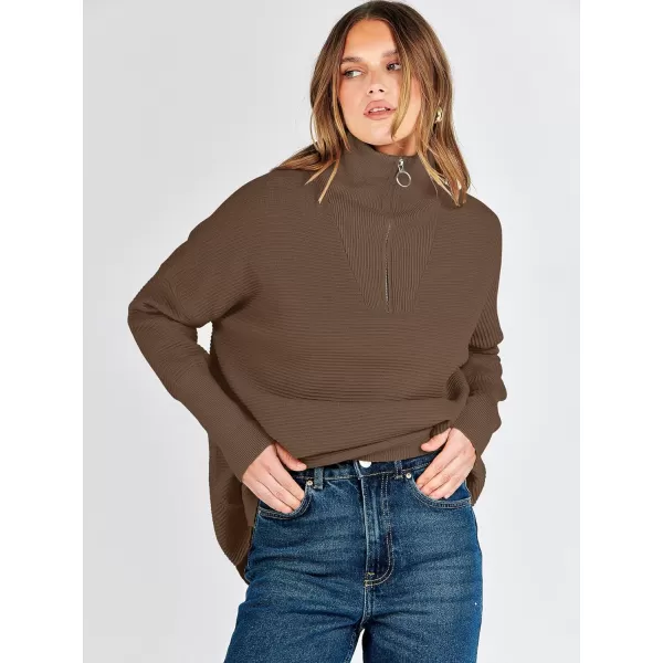 imageANRABESS Womens Sweaters Quarter Zip Oversized Pullover Casual V Neck Collared Ribbed Knit Tunic 2023 Fashion TopsAlmond