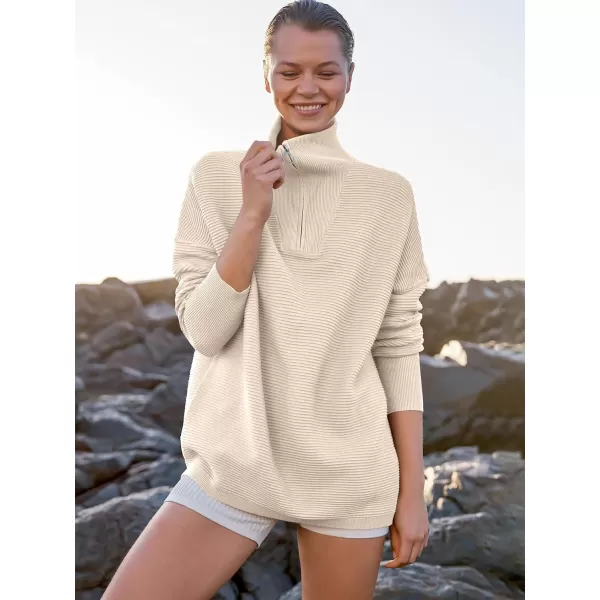 imageANRABESS Womens Sweaters Quarter Zip Oversized Pullover Casual V Neck Collared Ribbed Knit Tunic 2023 Fashion TopsApricot