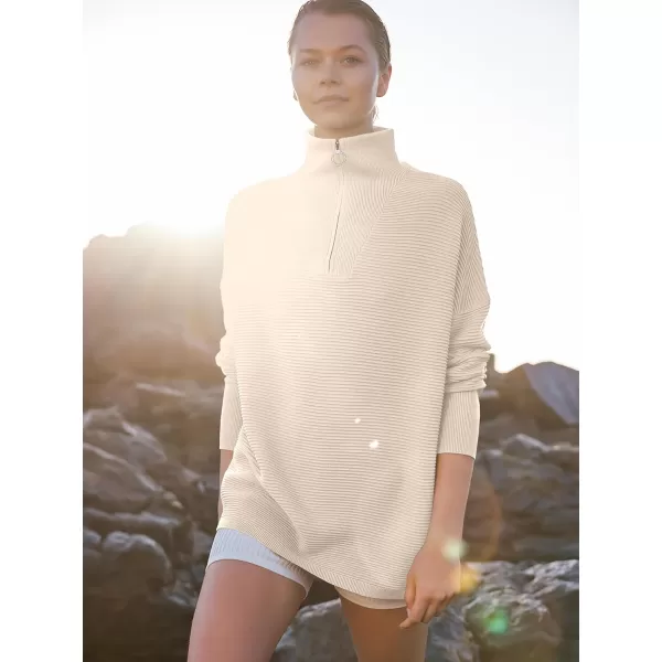imageANRABESS Womens Sweaters Quarter Zip Oversized Pullover Casual V Neck Collared Ribbed Knit Tunic 2023 Fashion TopsApricot