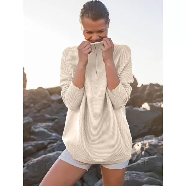 imageANRABESS Womens Sweaters Quarter Zip Oversized Pullover Casual V Neck Collared Ribbed Knit Tunic 2023 Fashion TopsApricot