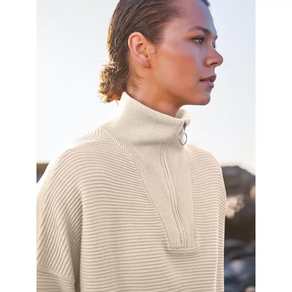 imageANRABESS Womens Sweaters Quarter Zip Oversized Pullover Casual V Neck Collared Ribbed Knit Tunic 2023 Fashion TopsApricot