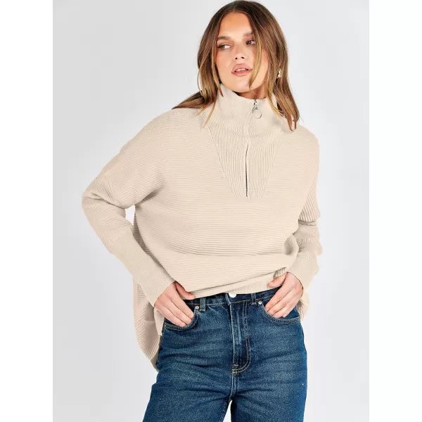 imageANRABESS Womens Sweaters Quarter Zip Oversized Pullover Casual V Neck Collared Ribbed Knit Tunic 2023 Fashion TopsApricot