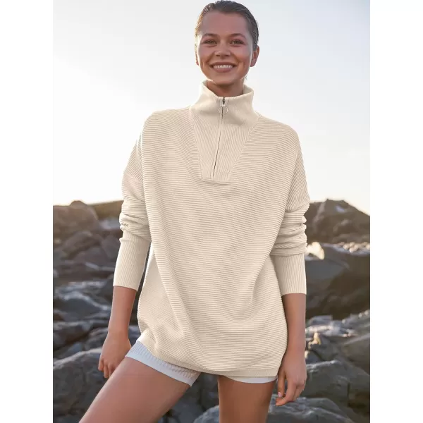 imageANRABESS Womens Sweaters Quarter Zip Oversized Pullover Casual V Neck Collared Ribbed Knit Tunic 2023 Fashion TopsApricot