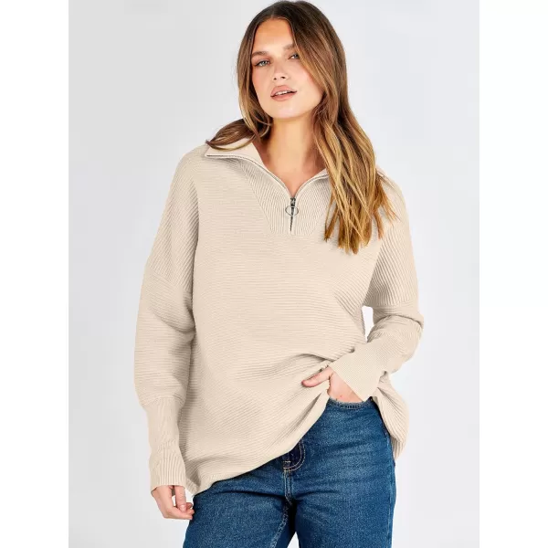 imageANRABESS Womens Sweaters Quarter Zip Oversized Pullover Casual V Neck Collared Ribbed Knit Tunic 2023 Fashion TopsApricot