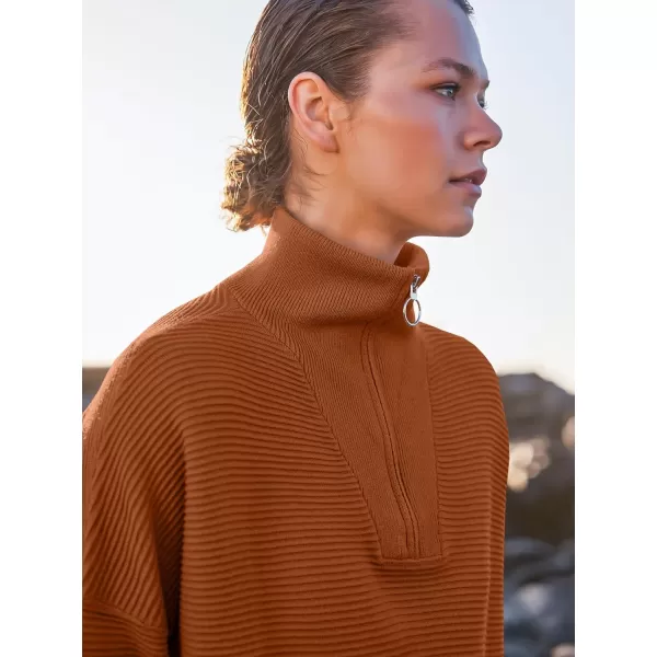 imageANRABESS Womens Sweaters Quarter Zip Oversized Pullover Casual V Neck Collared Ribbed Knit Tunic 2023 Fashion TopsBrick