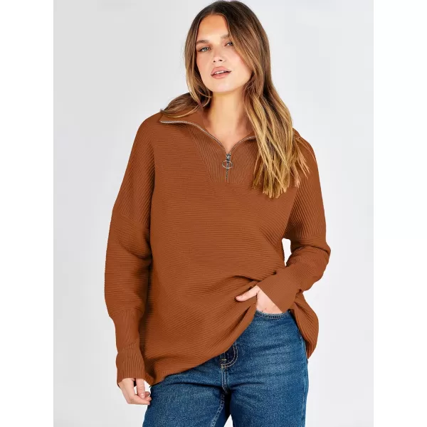 imageANRABESS Womens Sweaters Quarter Zip Oversized Pullover Casual V Neck Collared Ribbed Knit Tunic 2023 Fashion TopsBrick