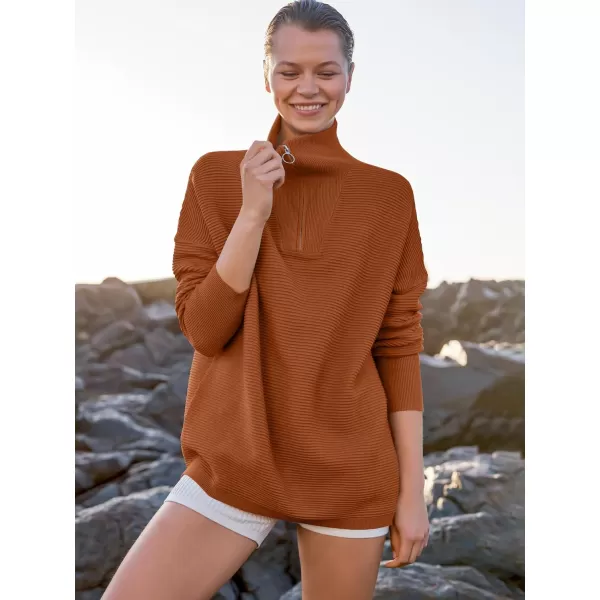 imageANRABESS Womens Sweaters Quarter Zip Oversized Pullover Casual V Neck Collared Ribbed Knit Tunic 2023 Fashion TopsBrick