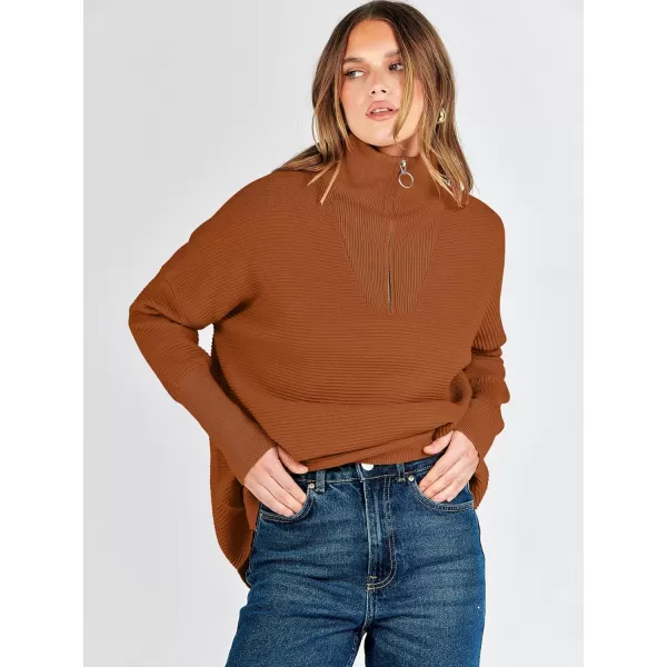 imageANRABESS Womens Sweaters Quarter Zip Oversized Pullover Casual V Neck Collared Ribbed Knit Tunic 2023 Fashion TopsBrick