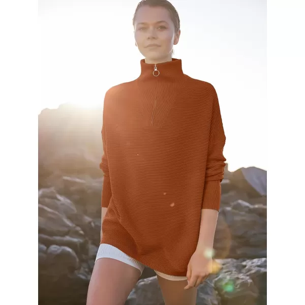 imageANRABESS Womens Sweaters Quarter Zip Oversized Pullover Casual V Neck Collared Ribbed Knit Tunic 2023 Fashion TopsBrick