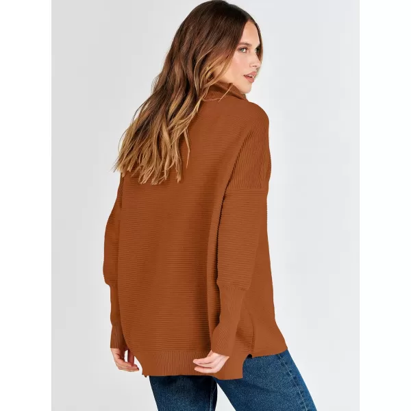 imageANRABESS Womens Sweaters Quarter Zip Oversized Pullover Casual V Neck Collared Ribbed Knit Tunic 2023 Fashion TopsBrick