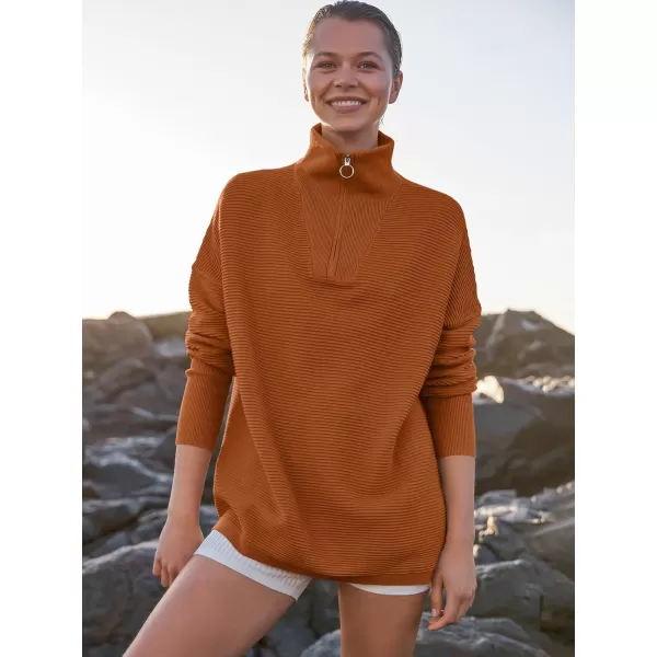 imageANRABESS Womens Sweaters Quarter Zip Oversized Pullover Casual V Neck Collared Ribbed Knit Tunic 2023 Fashion TopsBrick