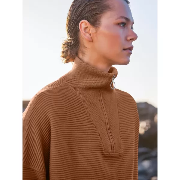 imageANRABESS Womens Sweaters Quarter Zip Oversized Pullover Casual V Neck Collared Ribbed Knit Tunic 2023 Fashion TopsBrown