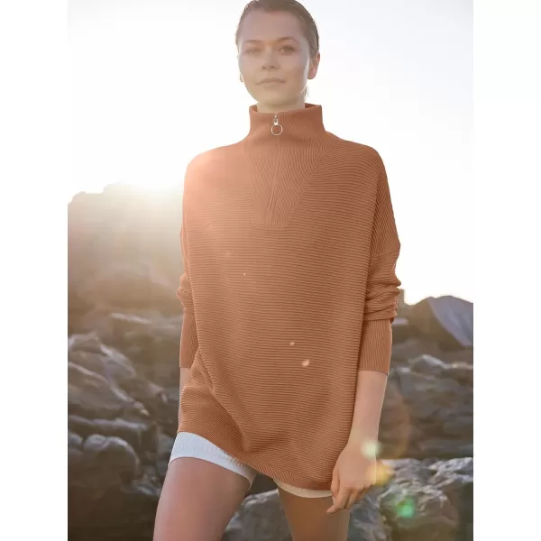 imageANRABESS Womens Sweaters Quarter Zip Oversized Pullover Casual V Neck Collared Ribbed Knit Tunic 2023 Fashion TopsBrown
