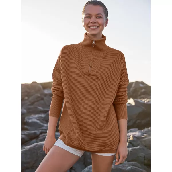 imageANRABESS Womens Sweaters Quarter Zip Oversized Pullover Casual V Neck Collared Ribbed Knit Tunic 2023 Fashion TopsBrown