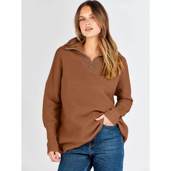 imageANRABESS Womens Sweaters Quarter Zip Oversized Pullover Casual V Neck Collared Ribbed Knit Tunic 2023 Fashion TopsBrown
