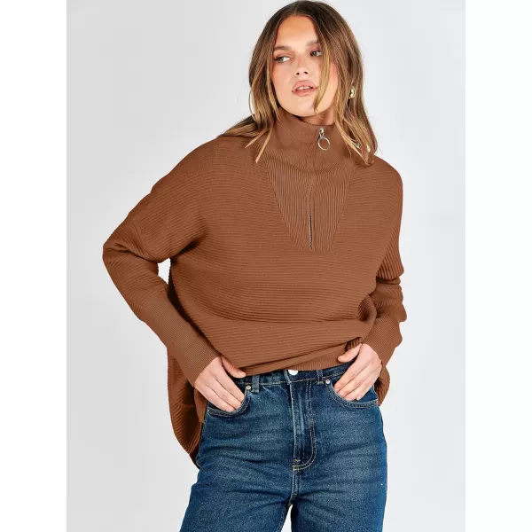 imageANRABESS Womens Sweaters Quarter Zip Oversized Pullover Casual V Neck Collared Ribbed Knit Tunic 2023 Fashion TopsBrown