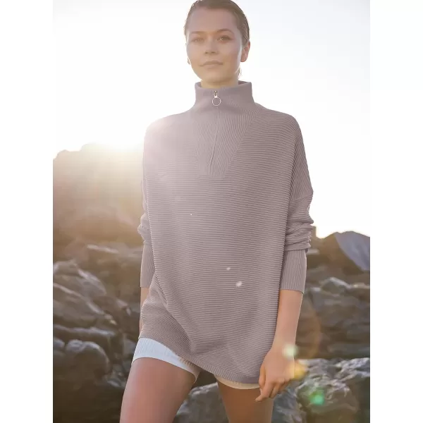 imageANRABESS Womens Sweaters Quarter Zip Oversized Pullover Casual V Neck Collared Ribbed Knit Tunic 2023 Fashion TopsCamel