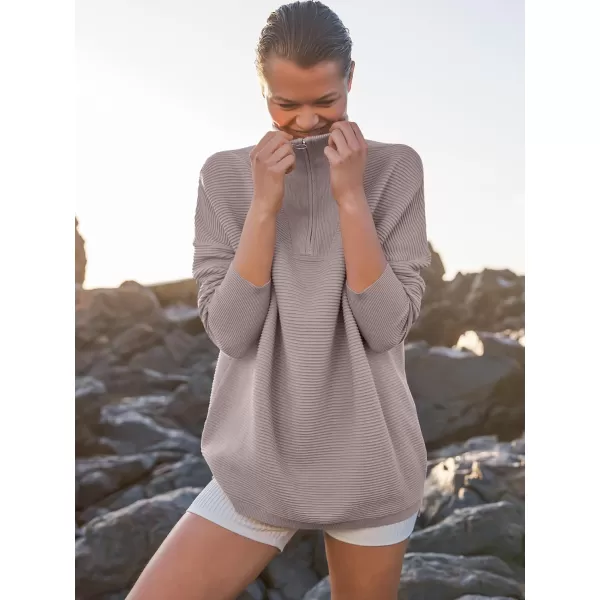 imageANRABESS Womens Sweaters Quarter Zip Oversized Pullover Casual V Neck Collared Ribbed Knit Tunic 2023 Fashion TopsCamel