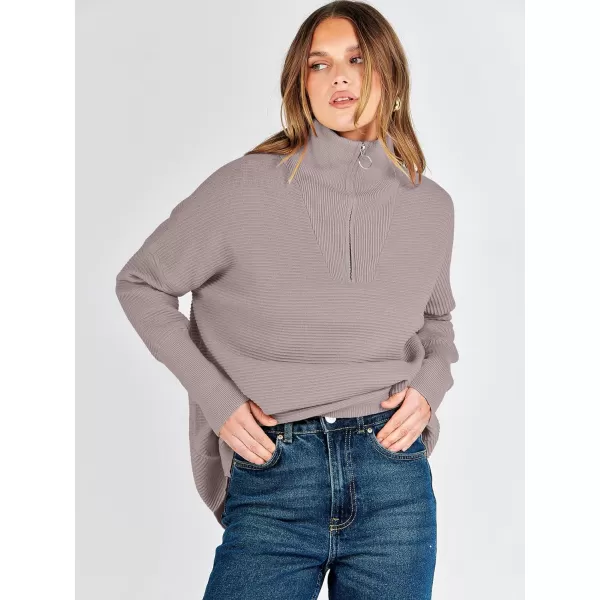 imageANRABESS Womens Sweaters Quarter Zip Oversized Pullover Casual V Neck Collared Ribbed Knit Tunic 2023 Fashion TopsCamel