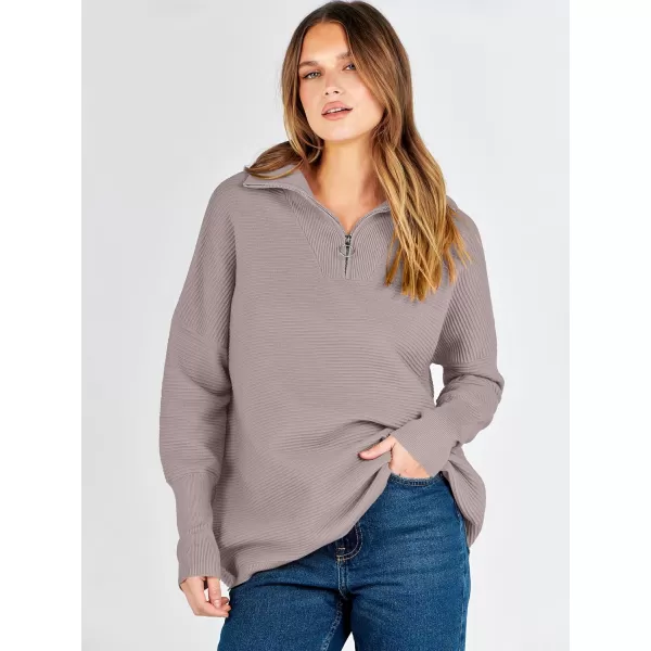imageANRABESS Womens Sweaters Quarter Zip Oversized Pullover Casual V Neck Collared Ribbed Knit Tunic 2023 Fashion TopsCamel